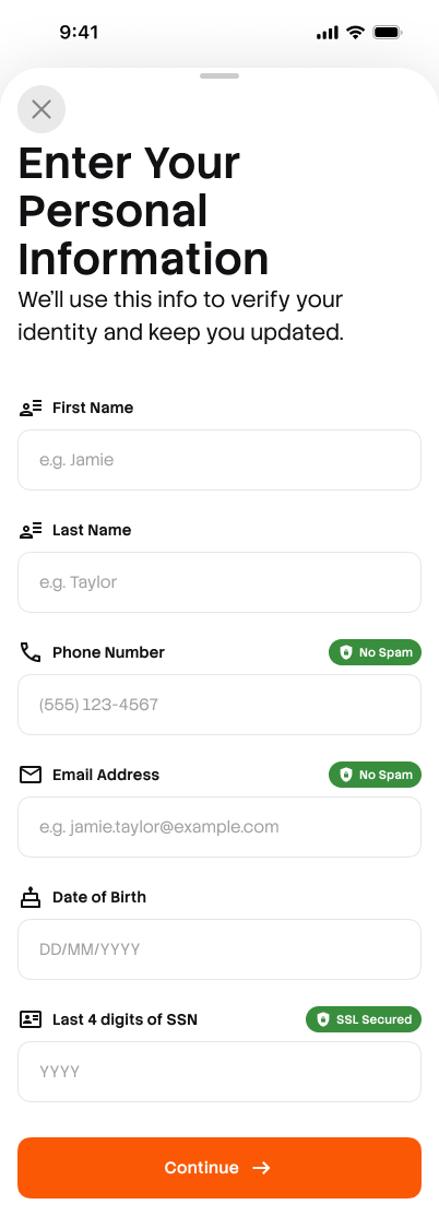 Enter personal information form